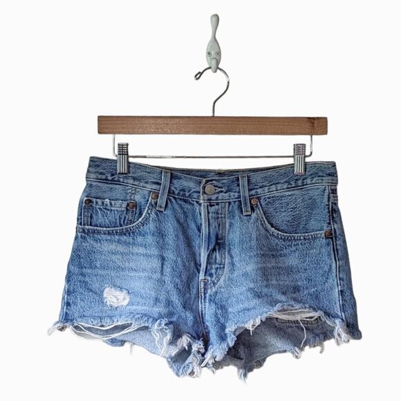 Levi’s 501 Button Fly‎ High Waist Denim Jean Shorts Size 28 Fray Hem Shredded - Picture 6 of 13